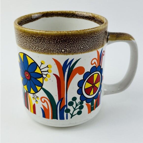 Vintage 60s/70s Retro Porcelain Blue Green Flower Power Mug Red Orange MCM Leaf - Picture 10 of 10